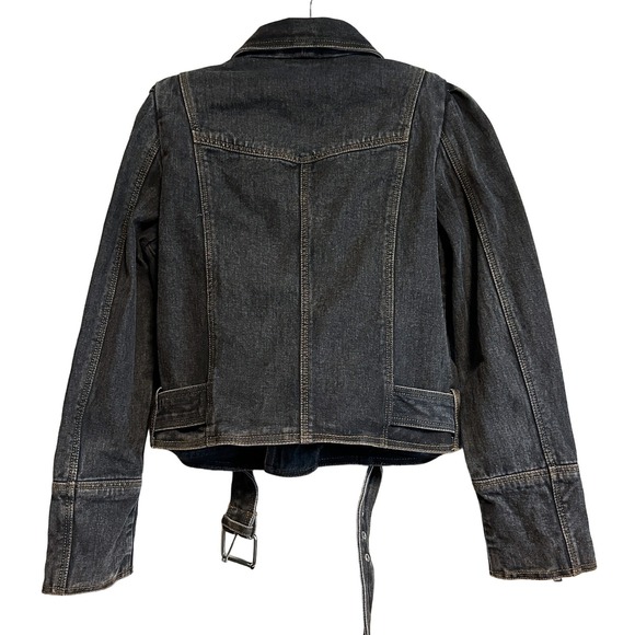 Manoush Denim Biker Jacket Motorcycle Washed Black Belted Size 40 US 8 - Picture 2 of 14